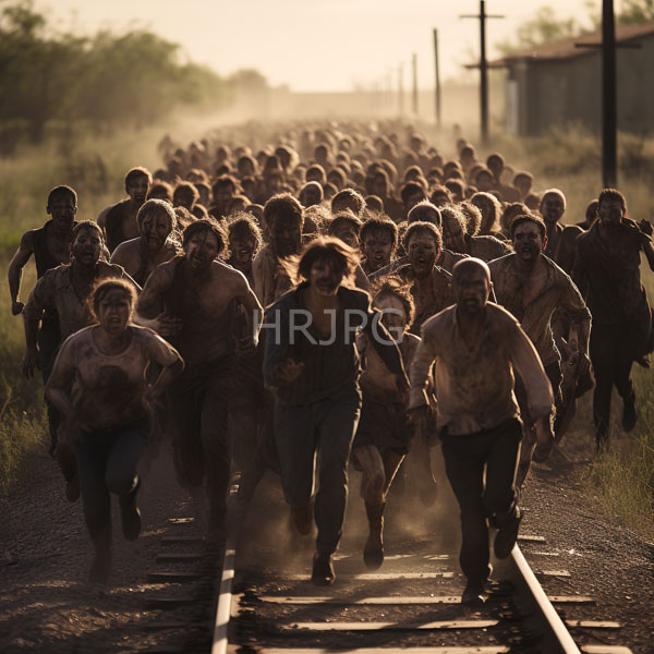 High Resolution: Numerous zombie-like mud-covered individuals with disheveled hair running down an old railway track at sunset with dust rising from their footsteps download. | HRJPG.com
