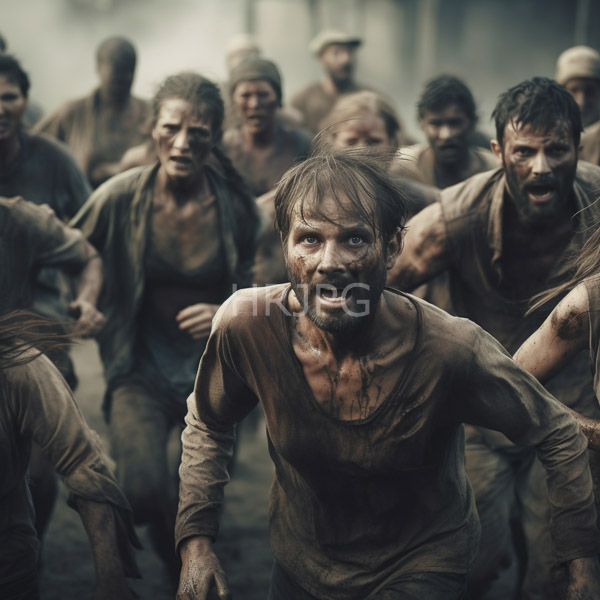 High Resolution: Intense muddy group run features dirty-faced men and women with disheveled hair in tattered clothes with a central bearded man running forward aggressively download. | HRJPG.com
