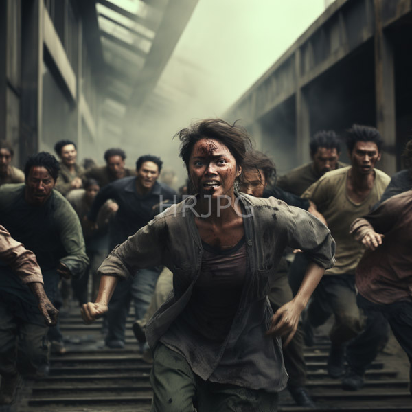 High Resolution: Intense chaotic scene of diverse men running up concrete stairs in dim light with smoke rising and a central woman with messy hair and blood on her face download. | HRJPG.com