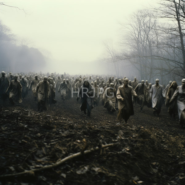 High Resolution: Numerous people dressed in dark and beige robes running through an overcast forest path covered by fallen leaves on damp soil with bare trees lining both sides download. | HRJPG.com