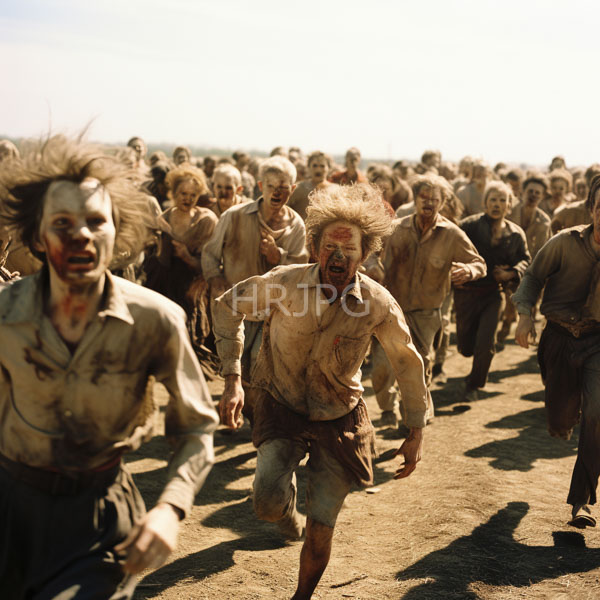 High Resolution: Intense chaotic scene features numerous disheveled men with dirty faces and wild hair running in unison on dusty ground under bright sunlight download. | HRJPG.com