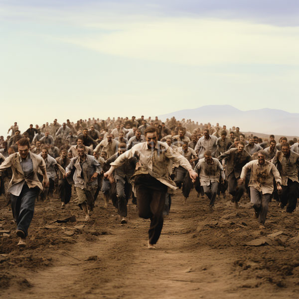 High Resolution: Expansive desert scene with hundreds of men running towards the camera dressed in worn-out gray and beige shirts and dark trousers with determined faces download. | HRJPG.com