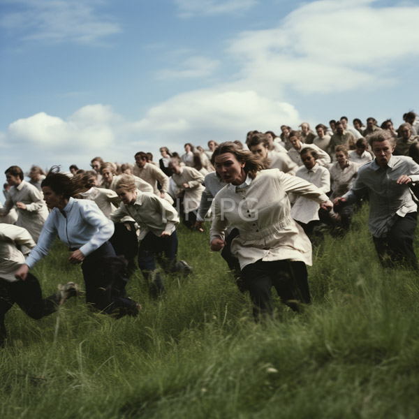 High Resolution: Numerous people mostly young adults with light skin tones running through tall green grass under a bright blue sky wearing traditional beige or gray long-sleeve shirts download. | HRJPG.com