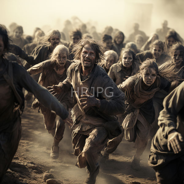 High Resolution: Intense chaotic scene depicting numerous dirty-faced individuals with disheveled hair and ragged clothing running through dusty terrain under hazy sunlight download. | HRJPG.com
