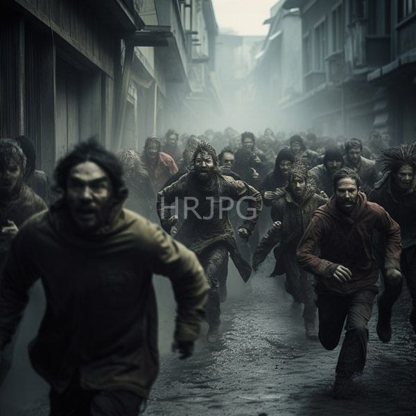 High Resolution: Intense foggy street chase featuring diverse men with rugged appearances and dirty clothing running towards the camera with wild hair and beards download. | HRJPG.com