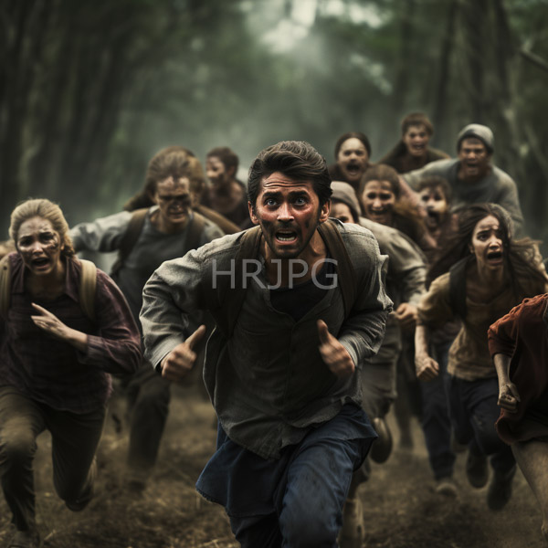 High Resolution: Intense forest scene features a group of dirty disheveled men and women running with determined expressions a central bearded man pointing forward amidst dense misty trees download. | HRJPG.com