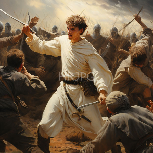 High Resolution: Dynamic realistic oil painting depicts an intense battle scene with one young male warrior in white robes holding two swords against numerous armored enemies download. | HRJPG.com