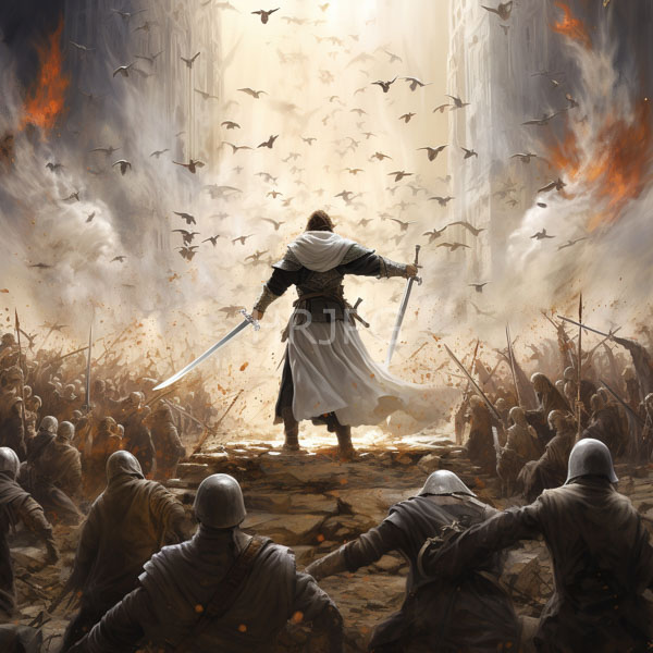 High Resolution: Epic battle scene with dramatic lighting and smoke-filled background featuring a central figure in white robes holding two swords facing away amidst flying birds download. | HRJPG.com