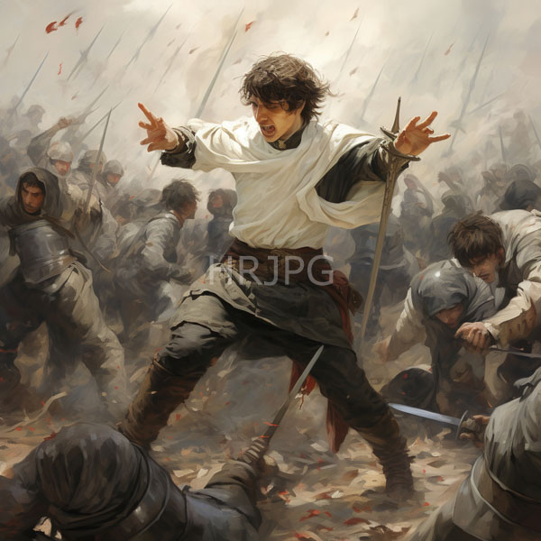 High Resolution: Dynamic realistic oil painting depicts an intense medieval battle scene with dark-haired men in white and brown tunics wielding swords amidst swirling dust clouds download. | HRJPG.com