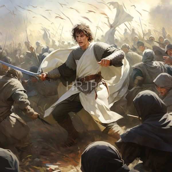 High Resolution: Intense medieval battle scene features a muscular curly-haired warrior wielding a sword in his right hand wearing chainmail armor under white robes download. | HRJPG.com