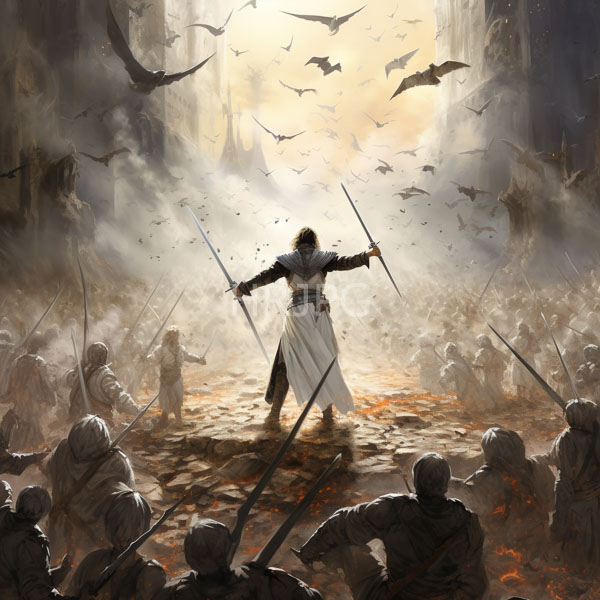 High Resolution: Epic battle scene with dramatic lighting and misty atmosphere a central backlit warrior in a white robe holding two swords outstretched amidst a chaotic crowd of soldiers download. | HRJPG.com