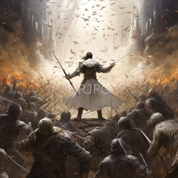 High Resolution: Armored warrior with a long white cloak standing on rocks amidst a chaotic battle scene holds a sword aloft as birds fly above smoky ruins download. | HRJPG.com