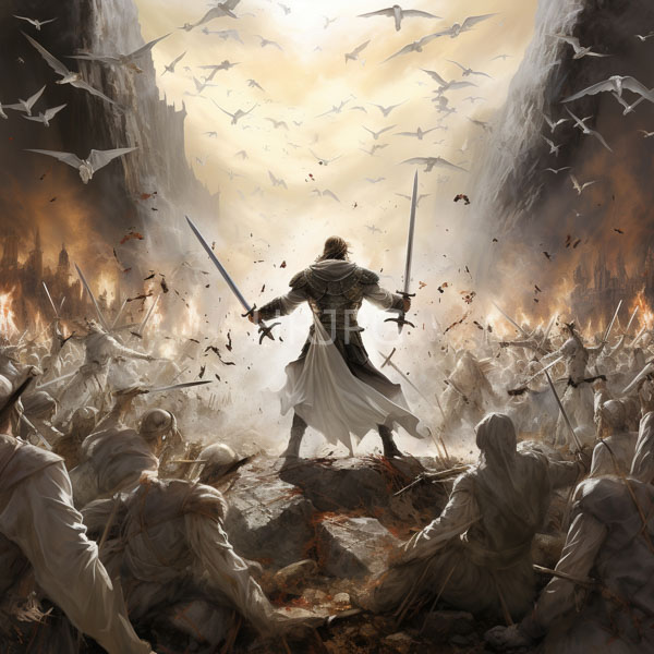High Resolution: Armored warrior with long brown hair standing on rocky terrain amidst chaos and battle smoke holds two swords raised high surrounded by fallen soldiers download. | HRJPG.com