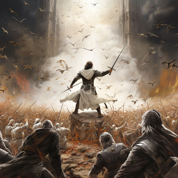 High Resolution: Epic battle scene with dark dramatic lighting and smoky atmosphere a central armored warrior in a white cloak holds a sword aloft amidst a flock of birds flying upward download. | HRJPG.com