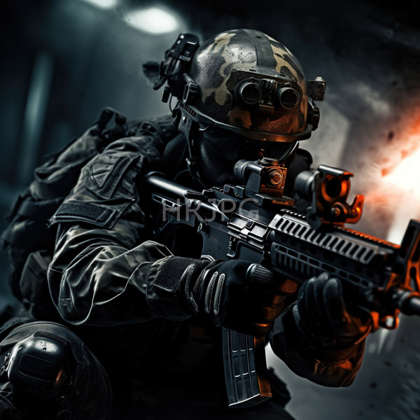 High Resolution: Armed soldier in dark camouflage gear helmet with goggles and breathing apparatus crouching while firing from inside a dim industrial space with a rifle muzzle flash visible download. | HRJPG.com