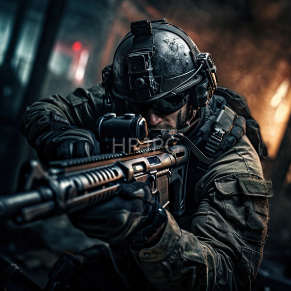 High Resolution: Intense dark-toned scene features a male soldier in tactical gear and a black helmet with night vision goggles aiming his assault rifle forward through smoke-filled air download. | HRJPG.com