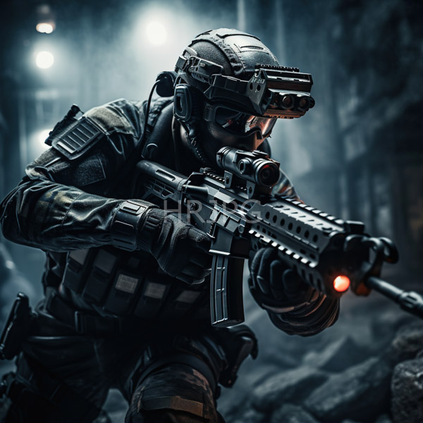 High Resolution: Armored soldier in tactical gear wearing night vision goggles and a helmet aiming an advanced rifle with a red laser sight amidst rubble in urban ruins download. | HRJPG.com