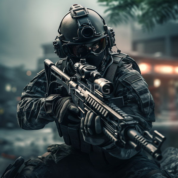 High Resolution: Armored soldier in tactical gear wearing night vision goggles and a helmet aiming a high-tech rifle at a blurred urban background during a rainstorm download. | HRJPG.com