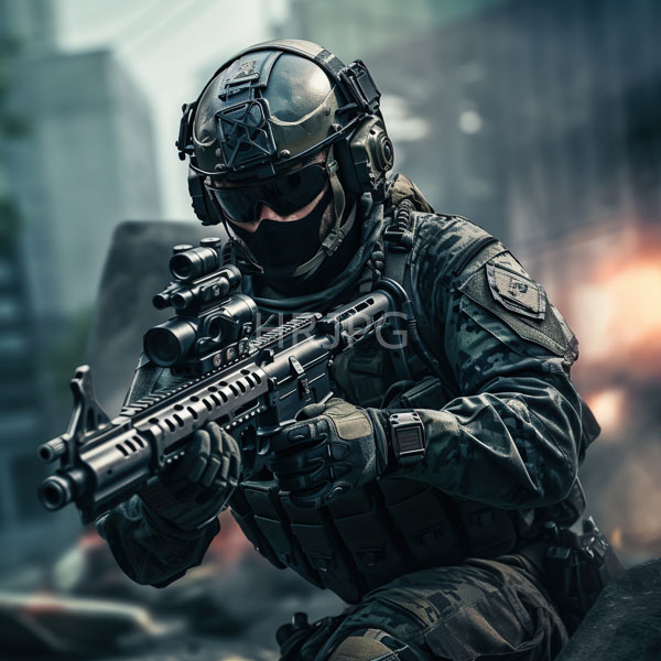 High Resolution: Armored camouflaged soldier in tactical gear with a helmet and visor crouching amid urban ruins during daylight holding an advanced rifle with scopes download. | HRJPG.com