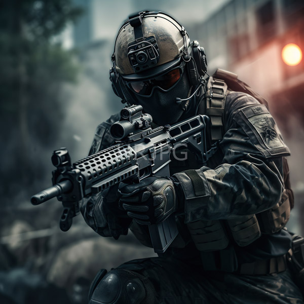 High Resolution: Armored soldier in camouflage crouching and aiming with a modern assault rifle amidst urban ruins under smoky conditions wearing tactical gear and a mask download. | HRJPG.com