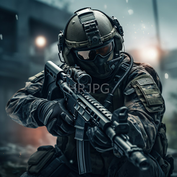 High Resolution: Armored soldier in tactical gear wearing night vision goggles and a helmet with a mounted camera holds an assault rifle aimed forward amidst urban ruins download. | HRJPG.com