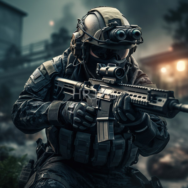High Resolution: Armored soldier in tactical gear wearing night vision goggles and a helmet aiming a modern assault rifle while crouching outdoors at dusk or dawn download. | HRJPG.com