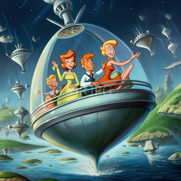 High Resolution: Vibrant cartoon illustration depicts four cheerful characters with retro hairstyles inside an orb-shaped futuristic vehicle floating above waterways download. | HRJPG.com