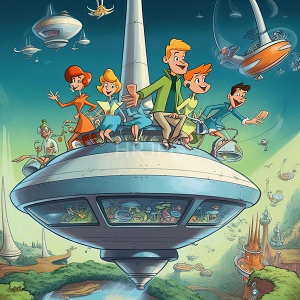 High Resolution: Vibrant cartoon illustration depicts six cheerful children standing on top of a futuristic flying saucer against a whimsical sci-fi landscape with floating cities download. | HRJPG.com