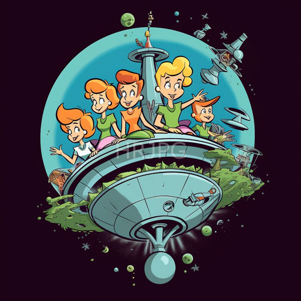 High Resolution: Cartoon illustration of four cheerful animated children sitting on top of an alien spaceship against a blue circular background in space surrounded by planets download. | HRJPG.com
