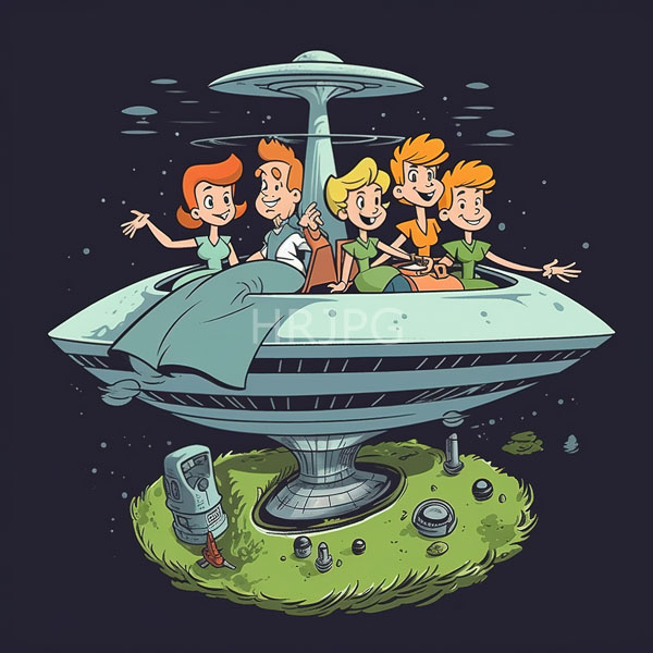 High Resolution: Cartoon illustration of six cheerful animated children sitting on an alien spaceship's circular platform above grassy terrain at night download. | HRJPG.com