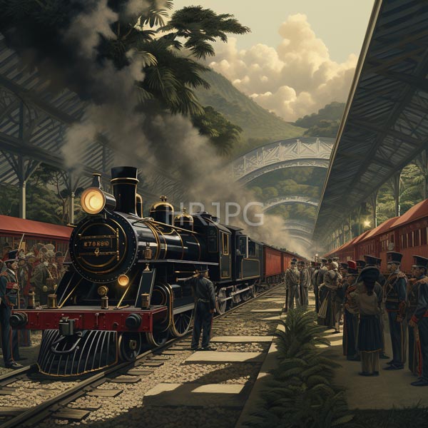 High Resolution: Intricate painting depicts a vintage steam locomotive black with gold accents at a tropical railway station under lush greenery with passengers on cobblestone tracks download. | HRJPG.com