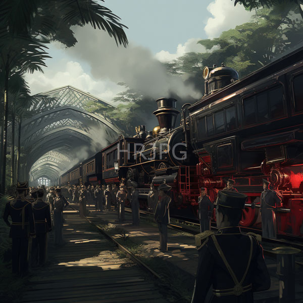 High Resolution: Steam train station featuring a black and red locomotive with billowing smoke passengers in formal attire stand on a wooden platform beneath an arched metal canopy download. | HRJPG.com