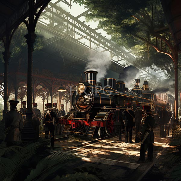 High Resolution: Ornate steam-powered locomotive in a Victorian-era train station with Gothic arches and lush greenery with uniformed men standing around observing it download. | HRJPG.com