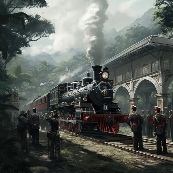 High Resolution: Early-20th-century steam locomotive with black and red colors emitting white smoke approaches a colonial-style station surrounded by tropical foliage on mountainous terrain download. | HRJPG.com