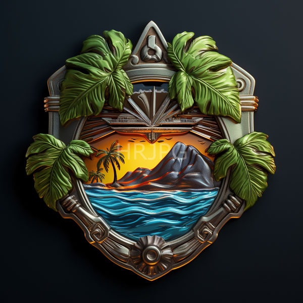 High Resolution: Intricately detailed shield-like emblem features vibrant tropical elements with ocean waves and rugged mountains at sunset and palm trees on a dark background download. | HRJPG.com