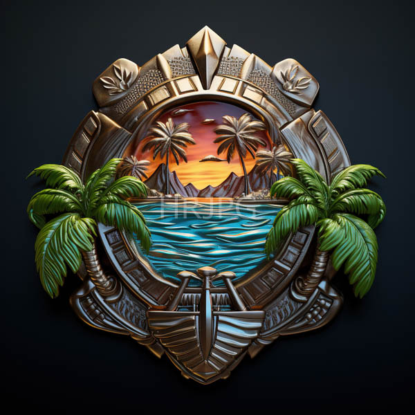 High Resolution: Intricately detailed emblem features tropical scenery within ornate metallic borders with vibrant orange and purple sunset skies over turquoise waters with palm trees download. | HRJPG.com