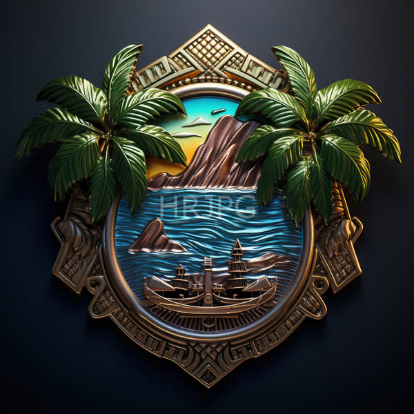 High Resolution: Detailed emblem features two lush palm trees framing an oval scene with blue waves rocky islands and a classic sailing ship under sunset skies download. | HRJPG.com