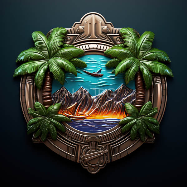 High Resolution: Detailed illustration of an ornate shield features vibrant tropical palm trees framing a sunset over ocean waves with mountains and a sailboat download. | HRJPG.com