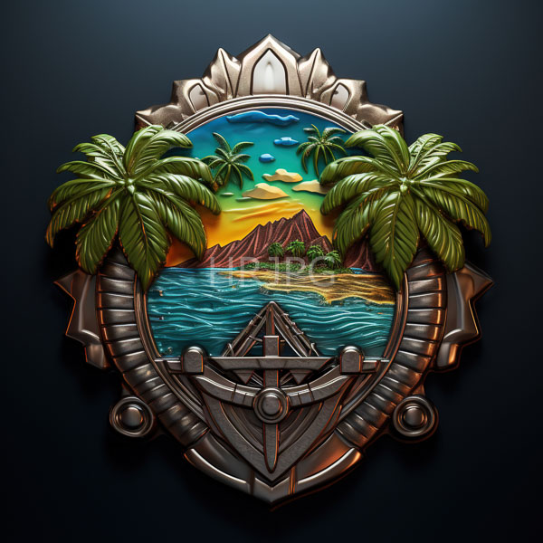 High Resolution: Ornate metallic shield features vibrant tropical scenery with two green palm trees flanking turquoise waters and mountains with a wooden anchor centered within a circular frame download. | HRJPG.com