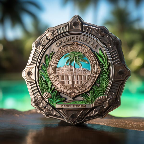 High Resolution: Intricately designed silver police badge with Plinielatin text and a palm tree emblem surrounded by green leaves against a blurred tropical background download. | HRJPG.com