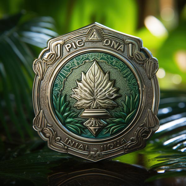 High Resolution: Detailed metallic medallion with intricate floral patterns and text encircles an embossed tropical scene featuring palm trees on green hills against a pink sunset sky download. | HRJPG.com