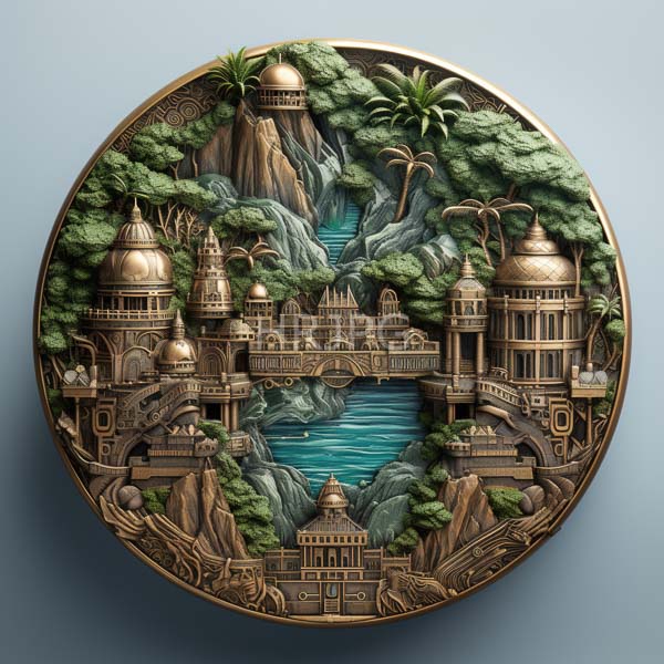 High Resolution: Intricately carved oval-shaped metal relief depicts a serene landscape with twisted tree roots and green foliage and traditional Asian-style architecture on top download. | HRJPG.com
