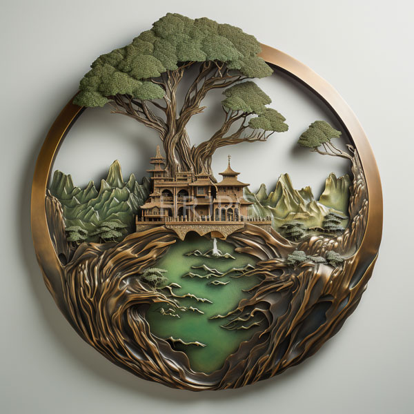 High Resolution: Intricately detailed circular metal relief sculpture depicts a tropical landscape at night with palm trees leaning over turquoise water under a full moon and starry sky download. | HRJPG.com