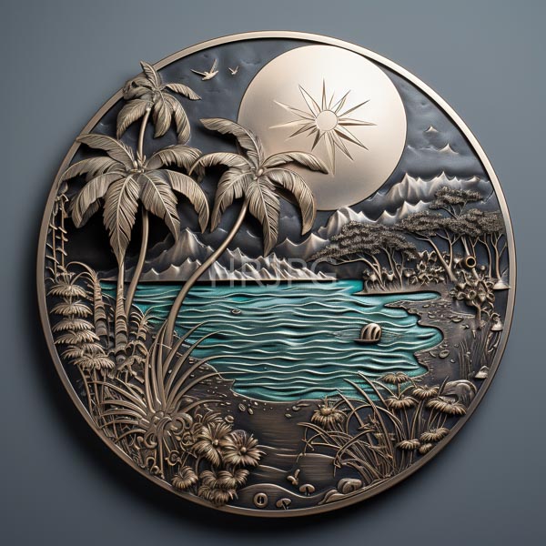 High Resolution: Detailed circular relief sculpture depicts an intricate fantasy landscape with towering trees and elaborate buildings amidst lush greenery within an ornate frame download. | HRJPG.com