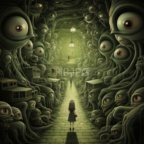High Resolution: Eerie surreal illustration depicts three small humanoid figures with pale skin standing on checkered floor tiles in a dim-lit room filled with hanging taxidermy animals download. | HRJPG.com