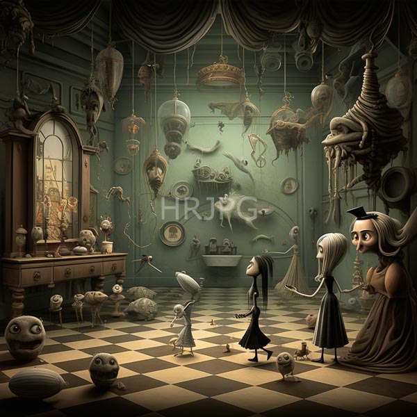 High Resolution: Eerie surreal scene with numerous grotesque green creatures having large eyes surrounding a small child in black clothing standing on a platform under dim light download. | HRJPG.com