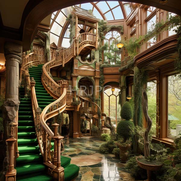 High Resolution: Opulent two-story indoor conservatory with lush greenery and natural light a sweeping wooden spiral staircase adorned in vibrant green carpet ascends to an upper balcony download. | HRJPG.com