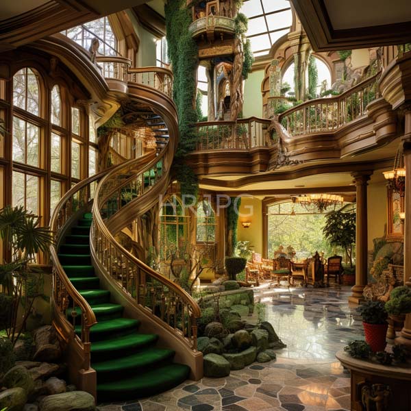 High Resolution: Opulent fantasy-style indoor garden with lush greenery and wooden architecture featuring curved staircases adorned in vines and marble floors reflecting natural light download. | HRJPG.com