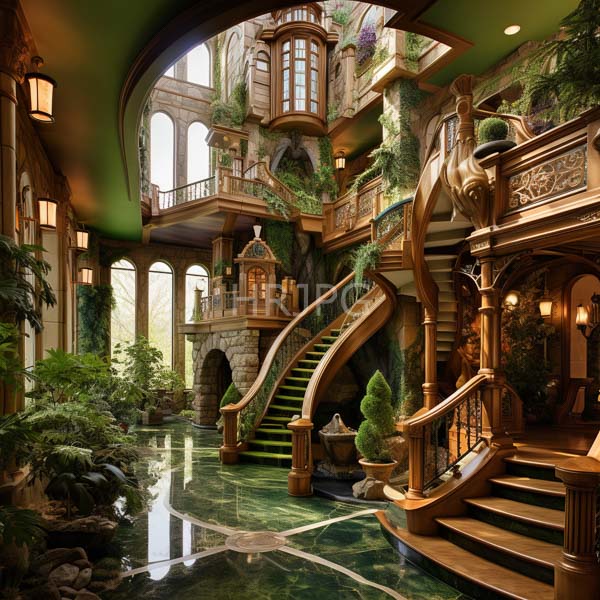 High Resolution: Opulent fantasy-style indoor atrium with lush greenery and wooden elements a winding staircase covered in mossy carpeting leads to upper balconies adorned by potted plants download. | HRJPG.com