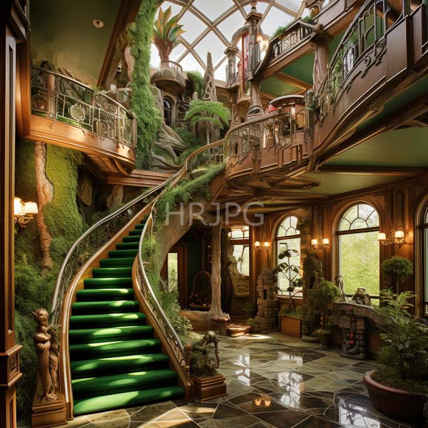 High Resolution: Ornate two-story atrium with intricate stained glass windows depicting colorful floral patterns above curved wooden staircases and a blue mosaic-tiled floor download. | HRJPG.com